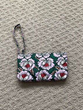 Vera Bradley Dark Green Quilted Floral Wristlet with Purple and Red Flowers 0542
